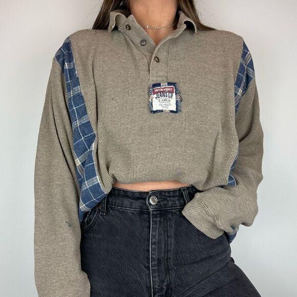 Wrangler Reworked Flannel Sweater Brown Relaxed Oversized Western Shirt Top - Picture 3 of 4